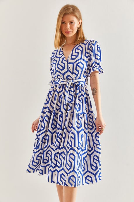 Geometrisches Muster V-Ausschnitt Midikleid mit Gürtel - Image 3
