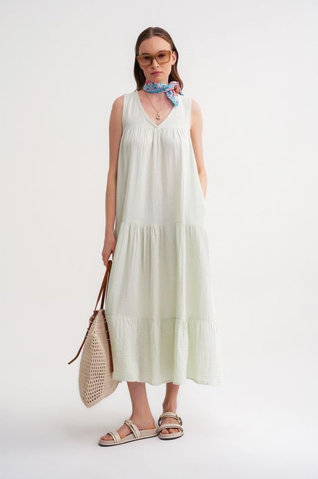 Ärmelloses V-Ausschnitt Musselin-Midikleid mit Taschen - Image 2