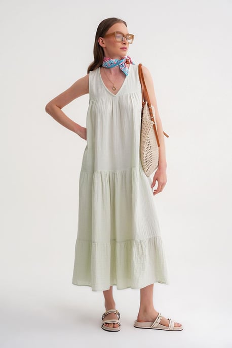 Ärmelloses V-Ausschnitt Musselin-Midikleid mit Taschen - Image 3