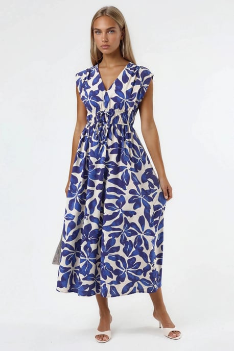Blumenkleid mit V-Ausschnitt und Krawatten-Detail in Midi-Länge - Image 4