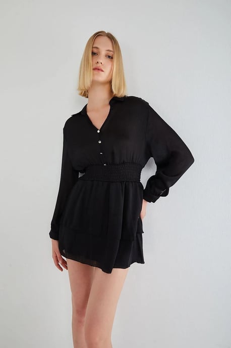 Mini V-Ausschnitt Knopf-Rüschenkleid - Image 2
