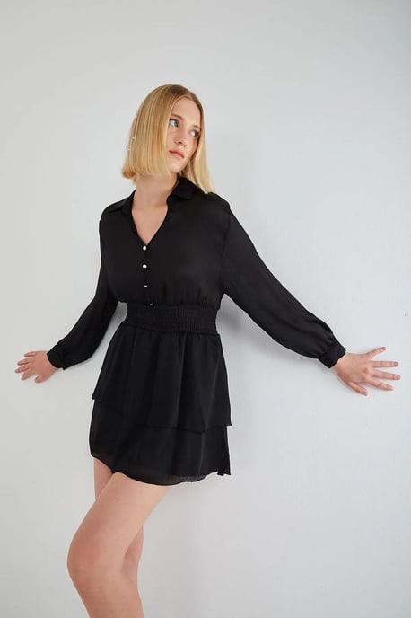 Mini V-Ausschnitt Knopf-Rüschenkleid - Image 3