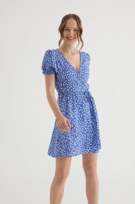 Blumiges Wickelkleid mit Puffärmeln und Kordelzug - Image 2