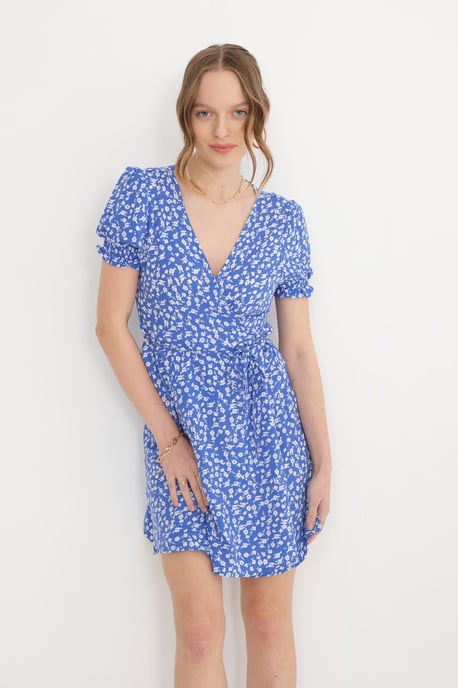 Blumiges Wickelkleid mit Puffärmeln und Kordelzug - Image 3