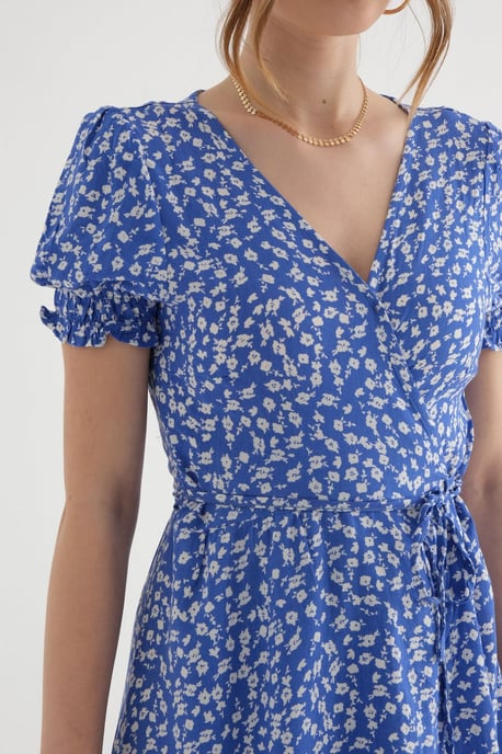 Blumiges Wickelkleid mit Puffärmeln und Kordelzug - Image 5