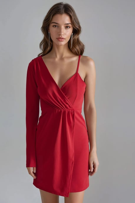 Einarmiges V-Ausschnitt Mini-Kleid - Image 5