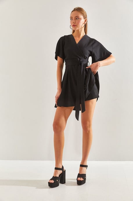 Strukturiertes V-Ausschnitt Mini-Kleid mit Schleife - Image 2