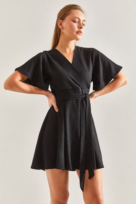 Strukturiertes V-Ausschnitt Mini-Kleid mit Schleife - Image 3