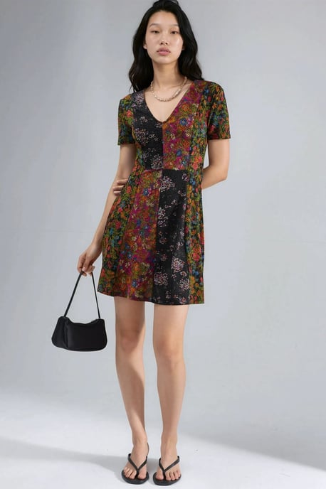 Blumiges V-Ausschnitt A-Linien Mini-Kleid - Image 5