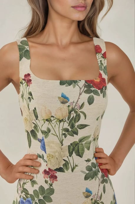Quadratischer Ausschnitt Blumenmuster Leinen-Optik Mini Kleid - Image 3