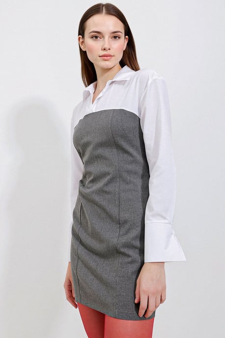 Farbiges Mini-Kleid mit Hemdkragen und langen Ärmeln - Image 3