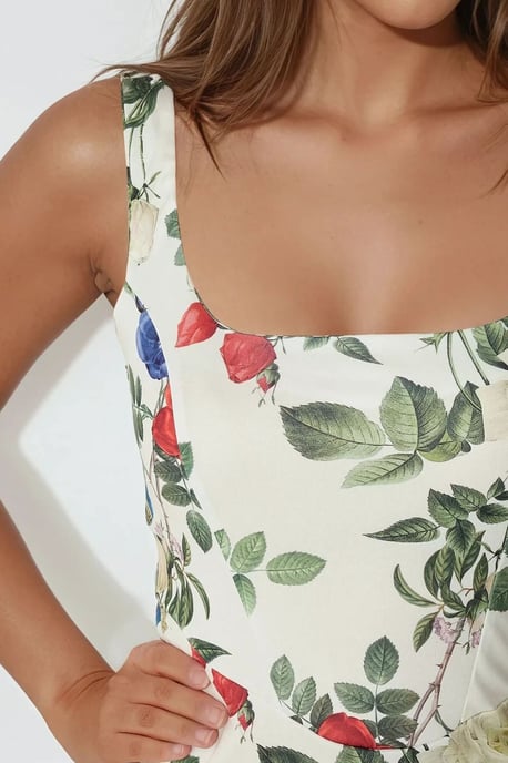 Bodycon Mini-Kleid mit Quadratkragen und Blumendruck - Image 4