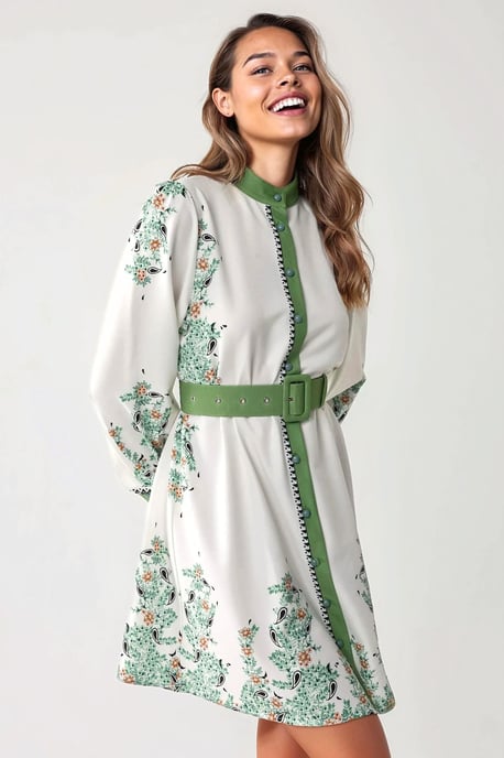 Bedrucktes Minikleid mit Rundhalsausschnitt und Gürtel - Image 2