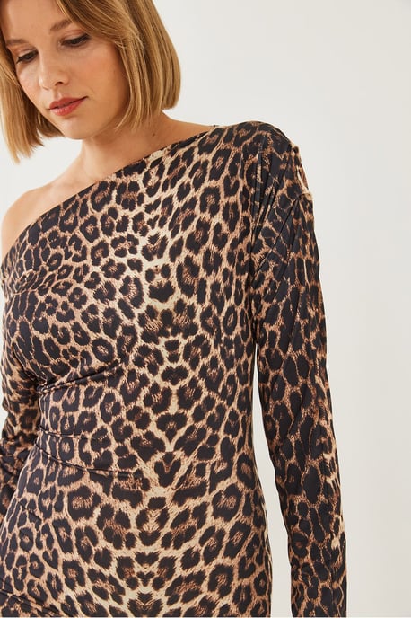 Asymmetrischer Kragen Leopardenmuster Minikleid - Image 6