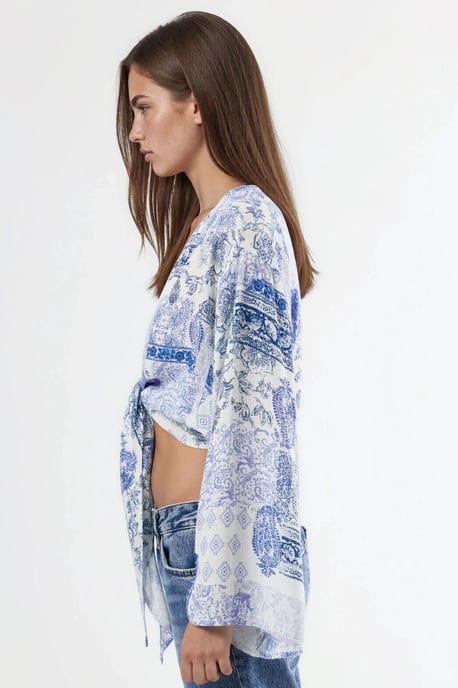 V-Ausschnitt Paisley-Print Crop-Bluse mit Bindungsdetail - Image 3