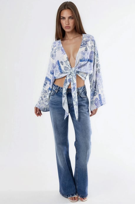 V-Ausschnitt Paisley-Print Crop-Bluse mit Bindungsdetail - Image 6