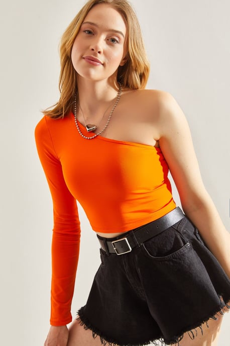Asymmetrische Kragen-Crop-Bluse - Image 1