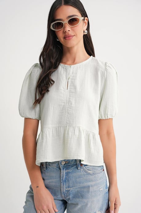 Strukturierte Muslin Rundhalsbluse mit Knopfverschluss - Image 3