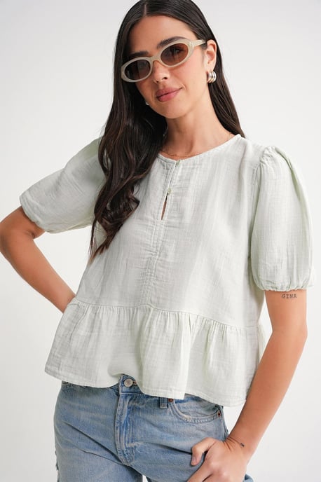 Strukturierte Muslin Rundhalsbluse mit Knopfverschluss - Image 4