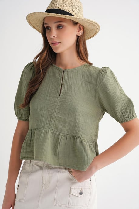 Strukturiertes Musselin Crew-Neck Bluse mit Knopfverschluss - Image 2