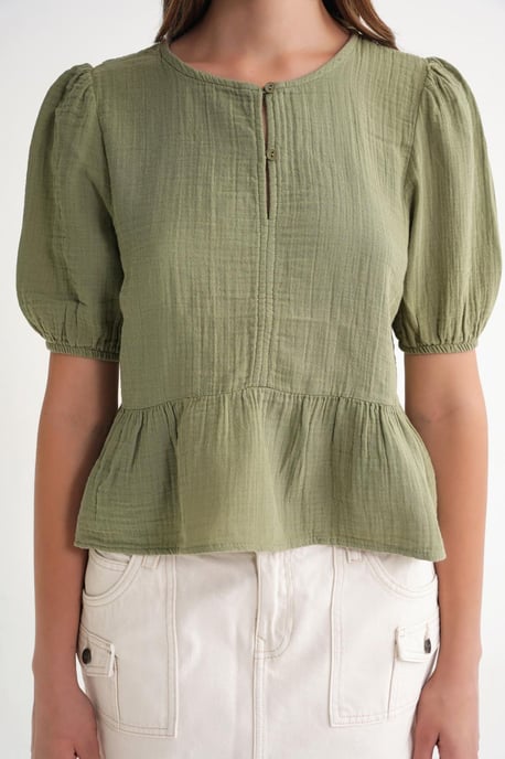 Strukturiertes Musselin Crew-Neck Bluse mit Knopfverschluss - Image 5