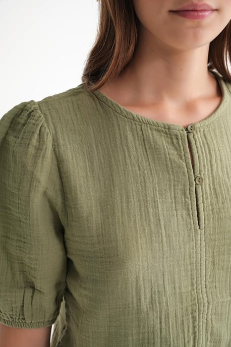 Strukturiertes Musselin Crew-Neck Bluse mit Knopfverschluss - Image 6