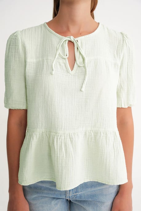 Strukturierte Musselin-Bluse mit Rundhalsausschnitt und Bindungsdetails - Image 4