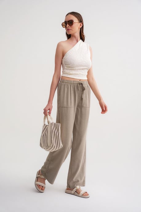Hosen aus Baumwolle mit mittlerer Taille und geradem Bein sowie Bindebandverschluss - Image 2