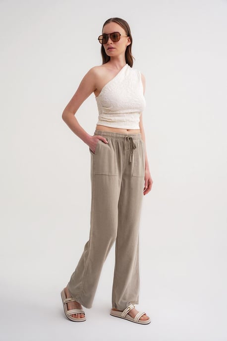 Hosen aus Baumwolle mit mittlerer Taille und geradem Bein sowie Bindebandverschluss - Image 3