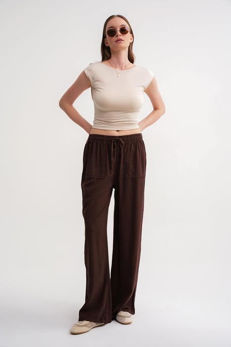 Hochtaillierte gerade Baumwollhose mit Bindebandverschluss - Image 3