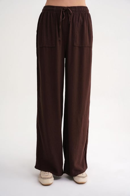 Hochtaillierte gerade Baumwollhose mit Bindebandverschluss - Image 4