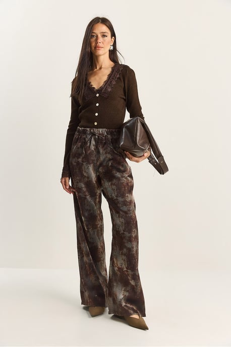 Hochbundige Weite Bein Musterhose mit Bindungsdetail - Image 3