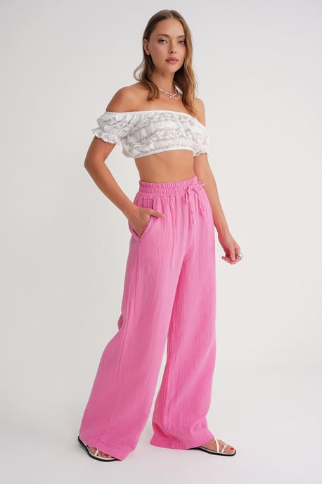 Hochtaillierte Texturierte Musselin Stoffhose - Image 3