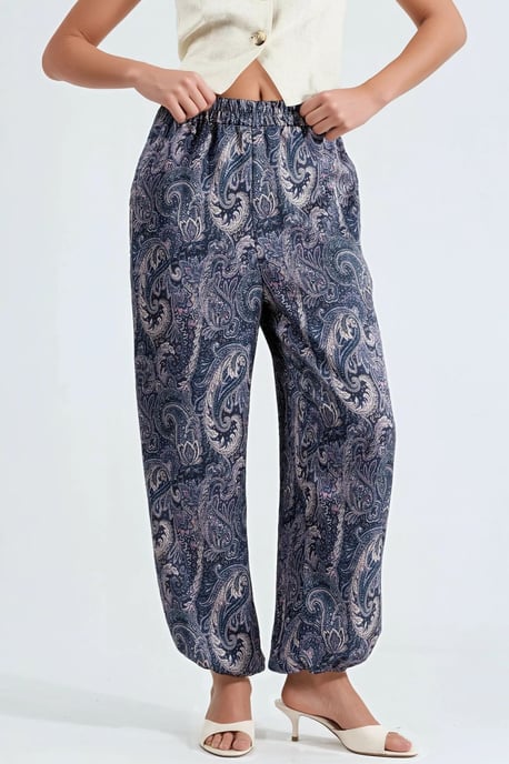 Musterte Baggy-Passform Elastische Beinhosen mit Taschen - Image 1
