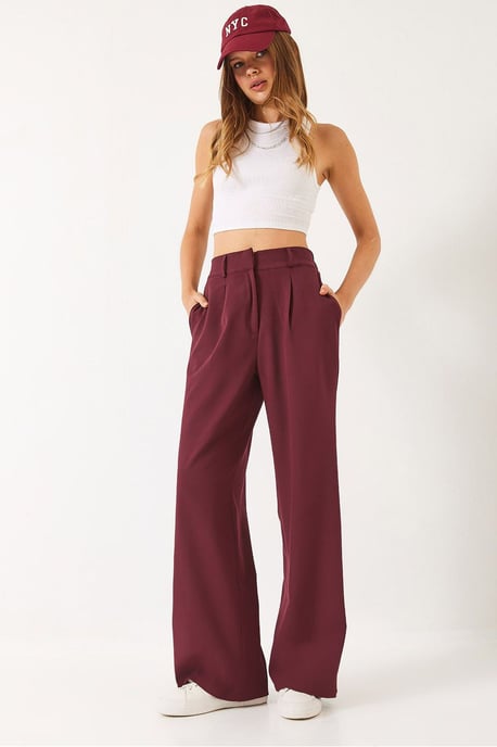 Wide Leg Pleated Pants with Hook and Loop Closure - Image 1