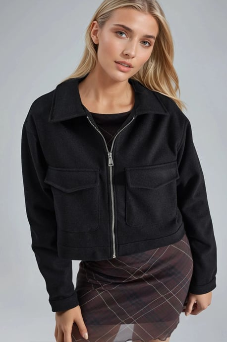 Crop-Gabardine-Jacke mit Reißverschluss und Tasche - Image 1