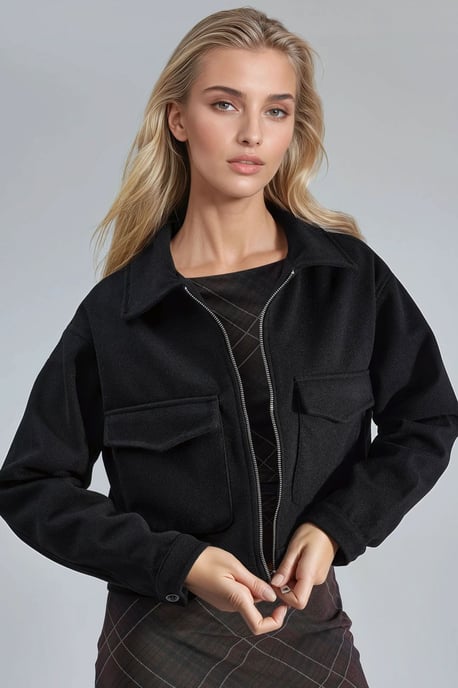 Crop-Gabardine-Jacke mit Reißverschluss und Tasche - Image 2