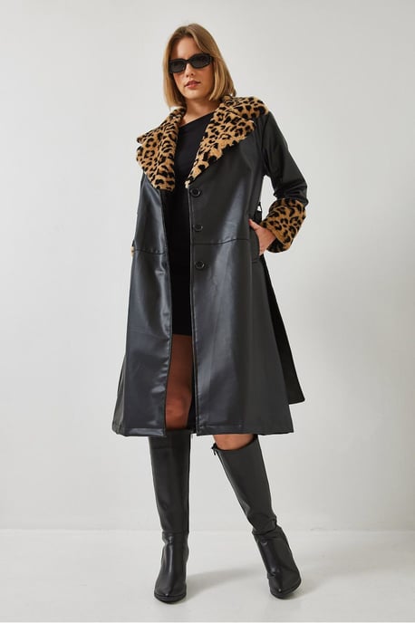 Faux-Leder-Leopardenmuster-Trenchcoat mit Schalkragen - Image 2