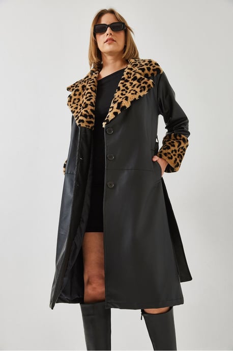 Faux-Leder-Leopardenmuster-Trenchcoat mit Schalkragen - Image 3