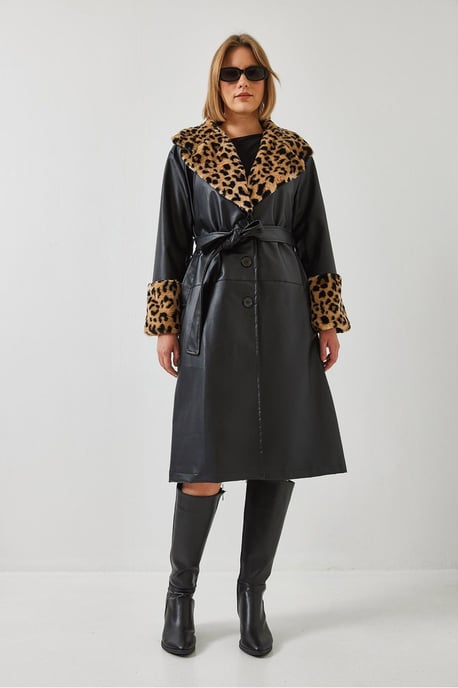 Faux-Leder-Leopardenmuster-Trenchcoat mit Schalkragen - Image 4