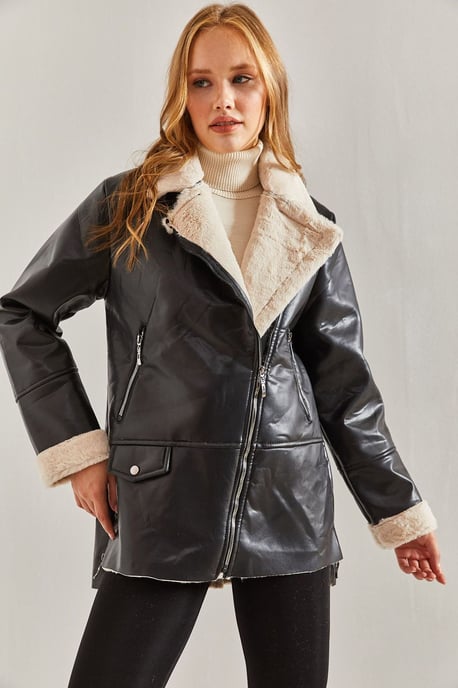 Kunstleder-Jacke mit Reißverschluss und Kunstfellbesatz - Image 2