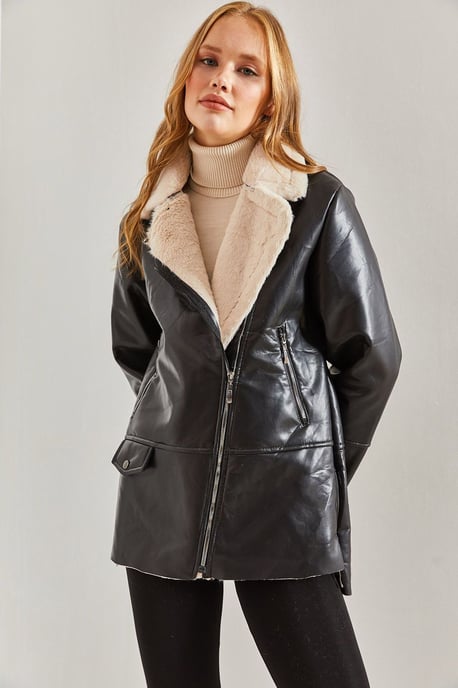 Kunstleder-Jacke mit Reißverschluss und Kunstfellbesatz - Image 3