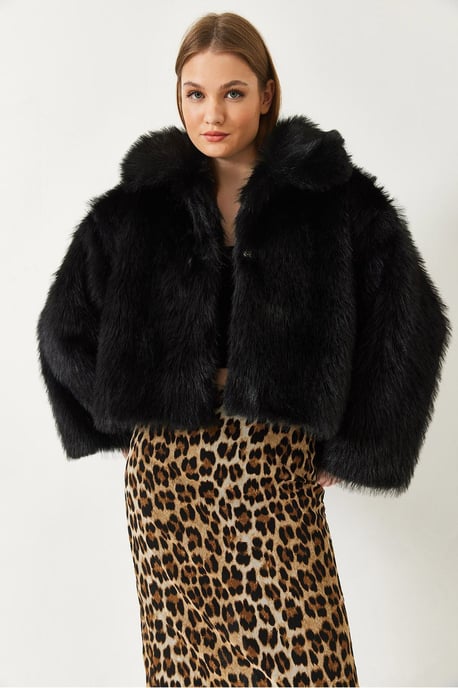 Kürzerer Offener Front-Faux-Fur-Mantel mit Langen Ärmeln - Image 3