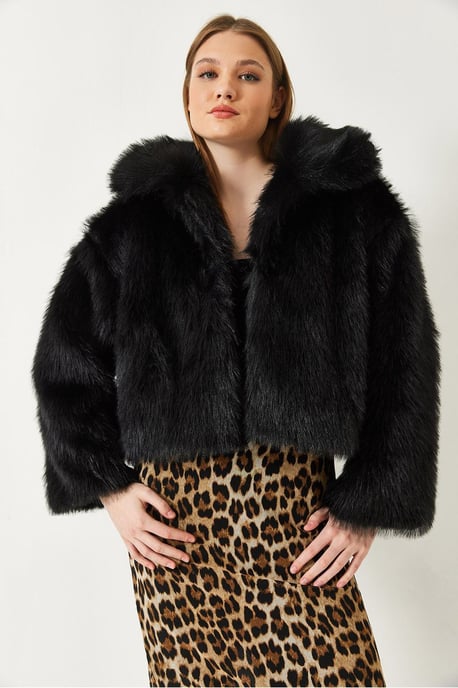 Kürzerer Offener Front-Faux-Fur-Mantel mit Langen Ärmeln - Image 4
