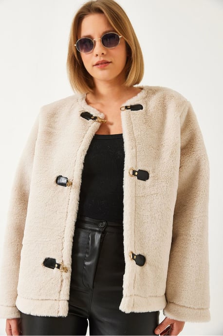 Faux-Fur-Jacke ohne Kragen mit Knopfverschlüssen - Image 1