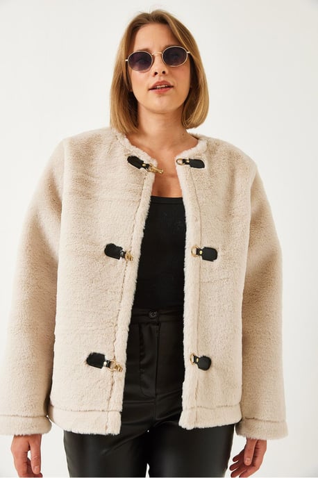 Faux-Fur-Jacke ohne Kragen mit Knopfverschlüssen - Image 2