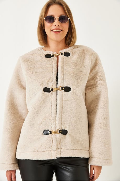 Faux-Fur-Jacke ohne Kragen mit Knopfverschlüssen - Image 3