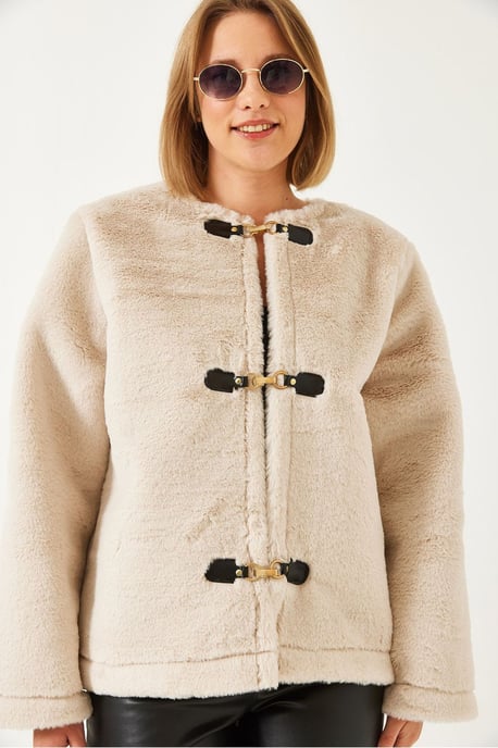 Faux-Fur-Jacke ohne Kragen mit Knopfverschlüssen - Image 4