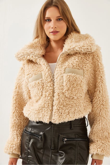 Strukturierte Kunstfell-Cropped Jacke mit Reißverschlusskragen - Image 3