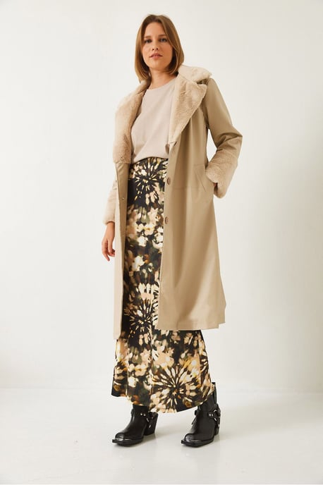 Faux-Fur-Detaillierter Langer Kunstleder-Trenchcoat - Image 3